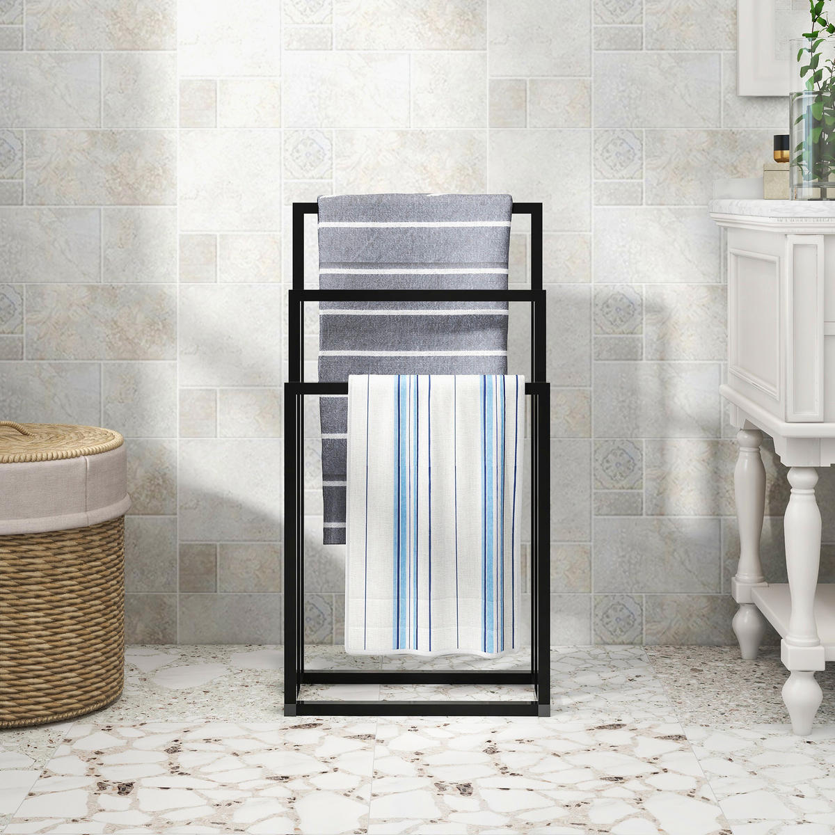 HANDTUCHSTÄNDER 45x22x86cm in Schwarz, 3-stufig freistehend - Schwarz, Metall (22/86/45cm) - Modfu