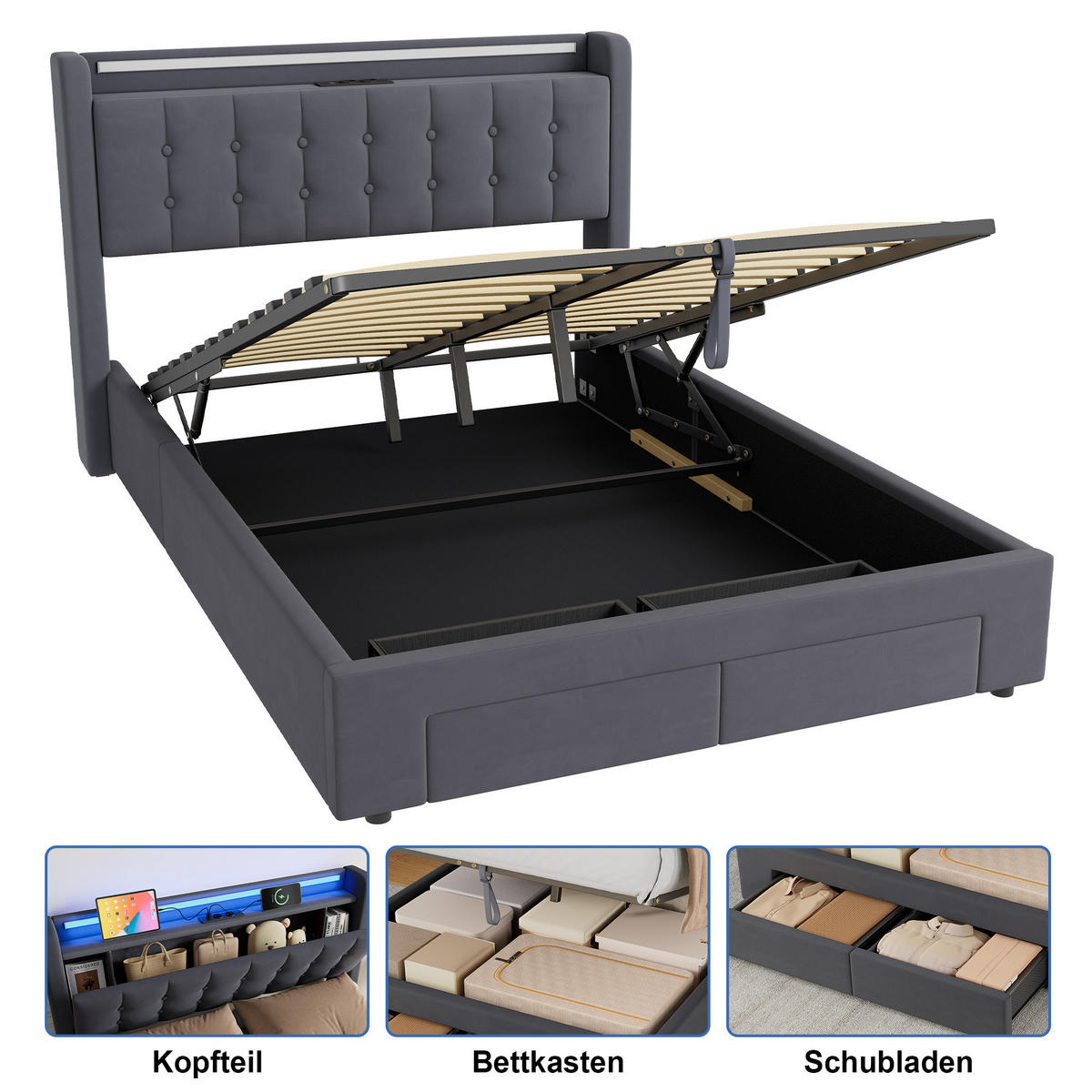 POLSTERBETT 140/190 cm in Dunkelgrau Samt mit Bettkasten, Schubladen und USB/LED-Beleuchtung - Dunkelgrau, Holzwerkstoff/Textil (140/190cm) - CHICFURN
