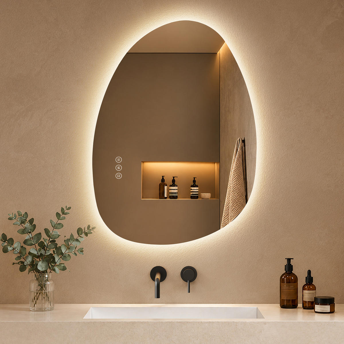 BADEZIMMERSPIEGEL mit Beleuchtung 75/55 cm asymmetrisch LED dimmbar mit Antibeschlag - Transparent, Glas (55/75/2.5cm) - S'AFIELINA