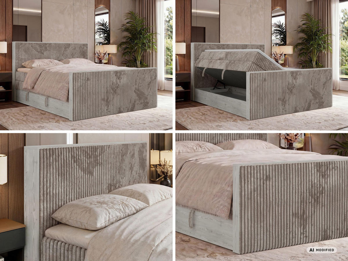 BOXSPRINGBETT NORDIC KING DUO 180/200 - Hellbraun Cord - Topper T25 - H4 - Hellbraun/Schwarz, Kunststoff/Textil (180/200cm) - MKS