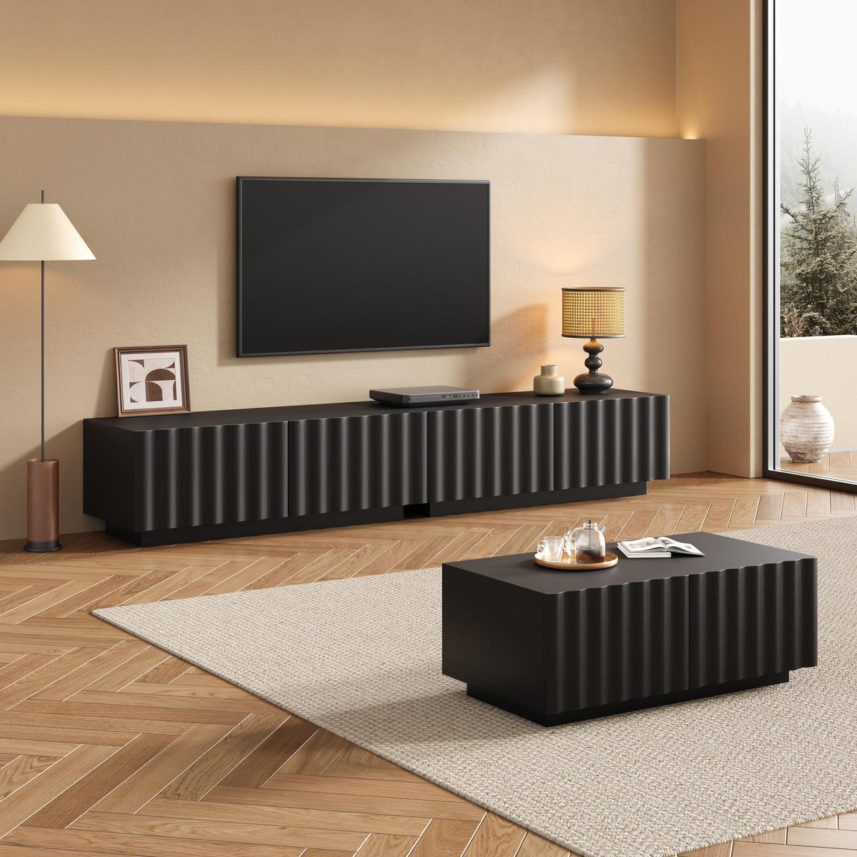 OBÝVACÍ STĚNA, vlnitý design, TV stolek - černá, kompozitní dřevo (200/35/40cm) - FLIEKS