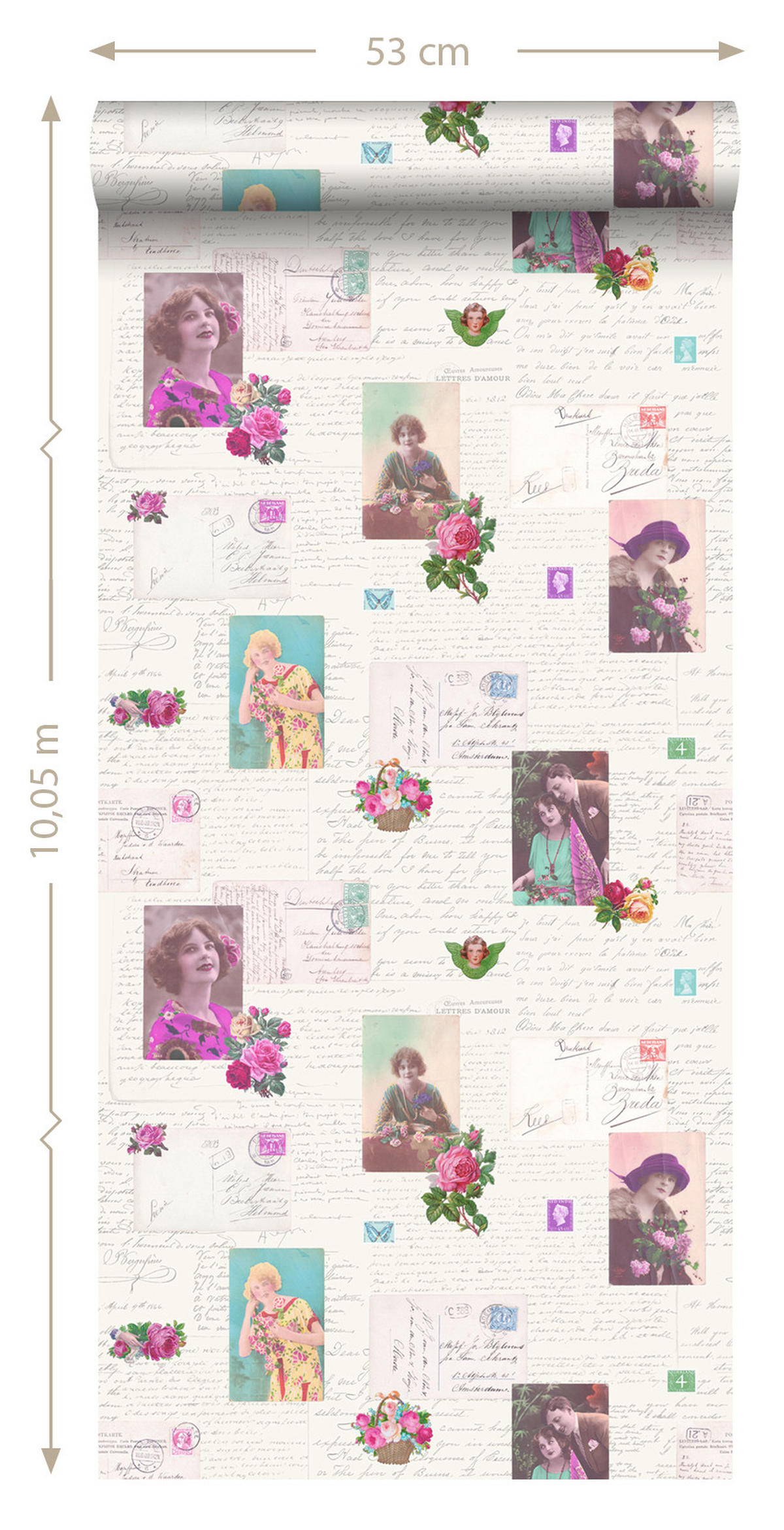 TAPETE vintage Postkarten 53 cm x 10.05 m - Pink, Papier (53/1000cm) - ESTAhome