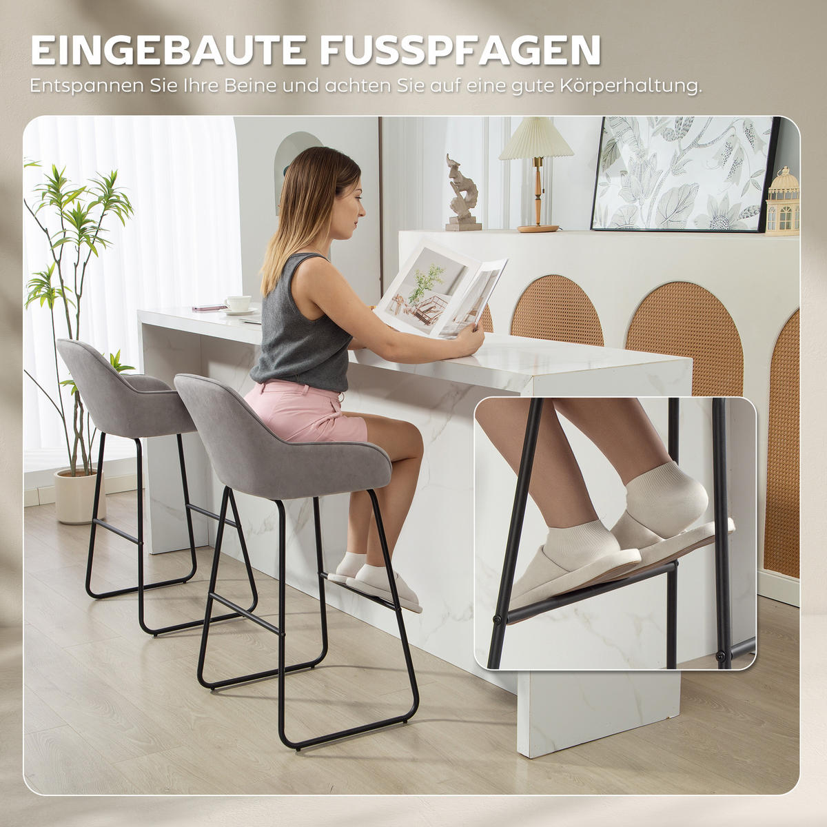 BARHOCKER 2er-Set DE-07992 mit Stoffbezug, Schaumstoffpolsterung und Armlehnen Grau - Grau, Metall (50.5/96/53cm) - ComfortXL