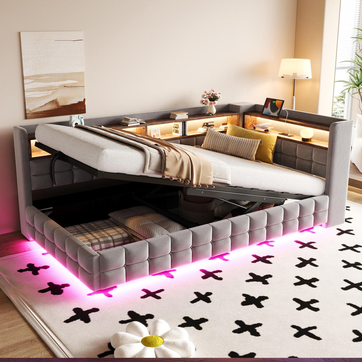 SCHLAFSOFA 90/200 cm in Hellgrau mit Stauraum, LED, USB und Typ-C - Hellgrau, Holzwerkstoff/Textil (90/200cm) - WISHDOR