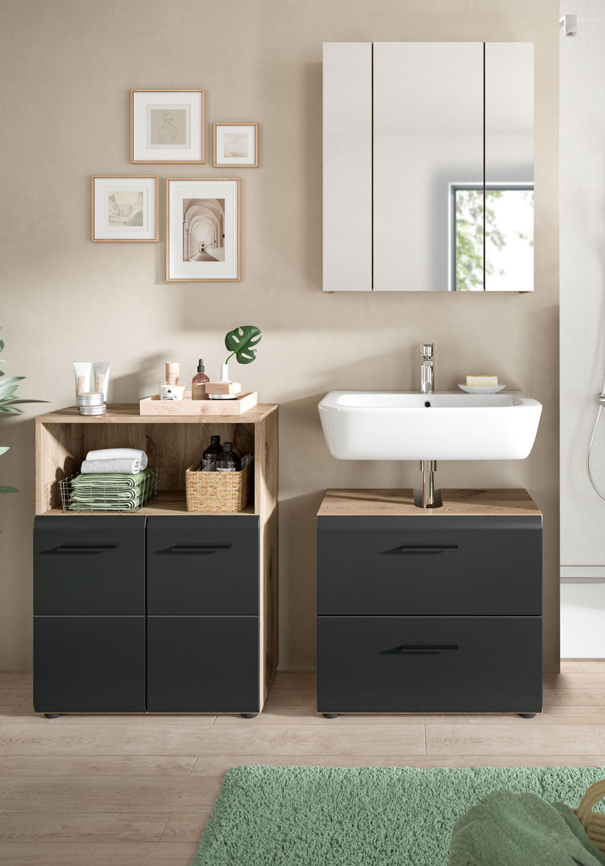 BADMÖBEL-SET 3-teilig in schwarz matt und Eiche Badezimmer mit Spiegelschrank, 135 x 185 cm - Eichefarben/Schwarz, Glas/Holzwerkstoff (135/185/30cm) - Inn.Furn