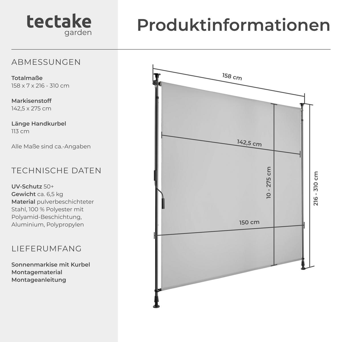 KLEMMMARKISE Taija,leichtgängige Handkurbel,hellgrau - Hellgrau, Kunststoff (158/310cm) - tectake