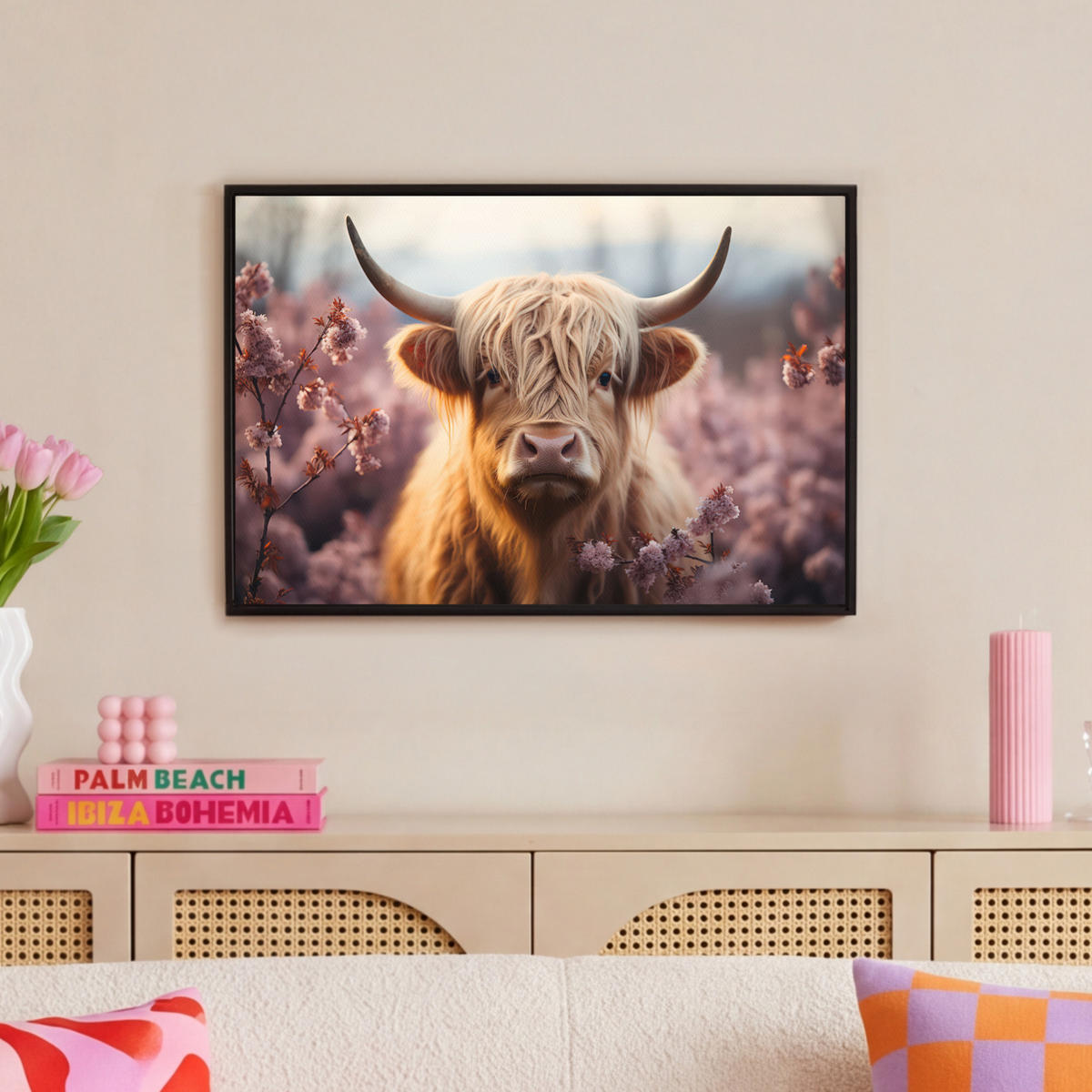 LEINWAND Bilder mit Rahmen - Schottischer Hochländer - Frühling - Hochland - 60x40 - Hellrosa, Textil (60/40cm) - MuchoWow