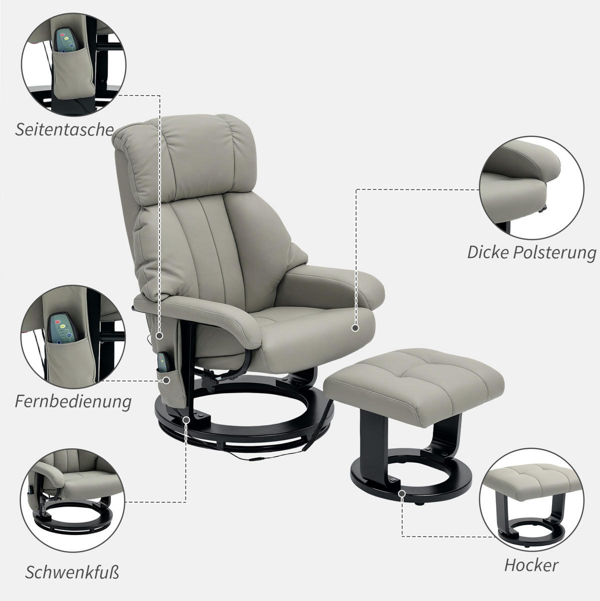 RELAXSESSEL mit Massage, Fußhocker Bonded Leather 360° drehbar 76/80/102 cm Grau - Grau, Kunststoff (80/102/76cm) - Redom