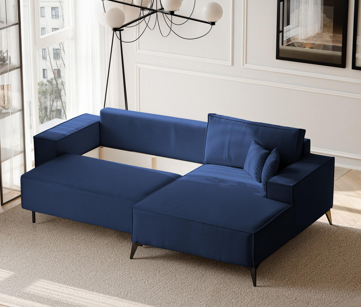 ECKSOFA OTIS Rechts, mit Schlaffunktion und Bettkasten, Marineblau - Dunkelblau, Textil/Metall (294/185cm) - Idohome