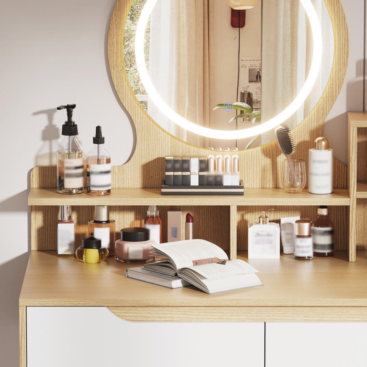 SCHMINKKOMMODE in Naturholz 80/40/135 cm aus MDF mit LED-Spiegel, Hocker, Schubladen und Stauraum - Naturfarben, Holzwerkstoff (80/135/40cm) - CHICFURN