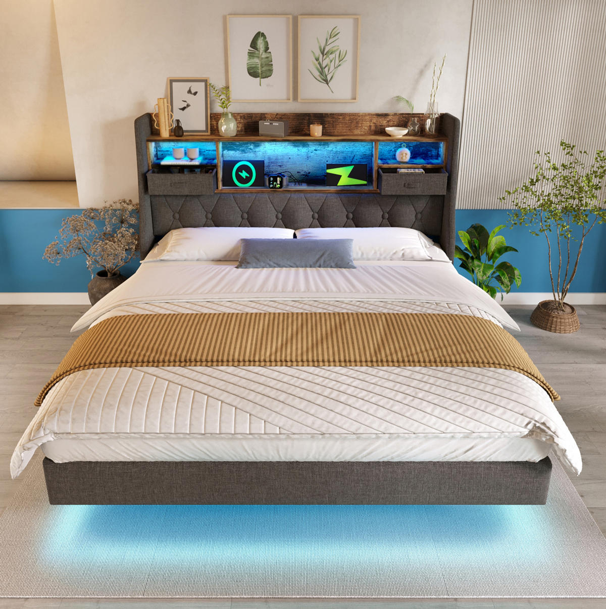 POLSTERBETT 140/200 cm mit LED-Beleuchtung, Ladestation und gepolstertem Kopfteil - Grau, Textil (140/200cm) - BEAOK