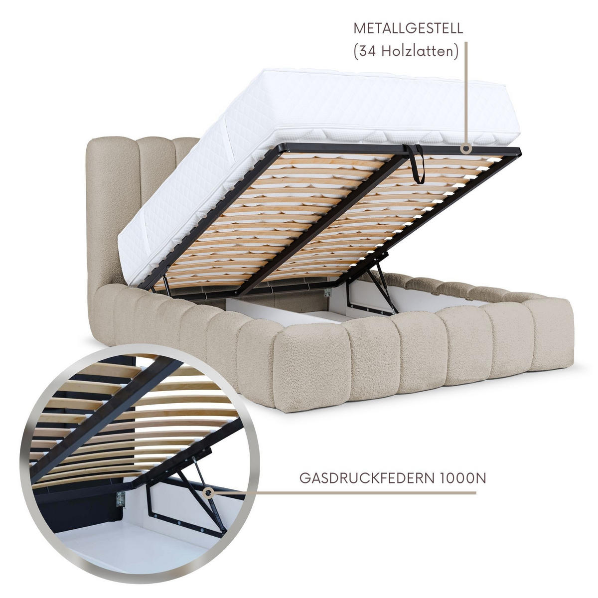 POLSTERBETT CHLOE mit Bettkasten 180x200,Doppelbett mit Stauraum und Lattenrost,Boxspringbett-Optik,ohne Matratze,Schlafzimmer-Grau - Grau, Holz (180/200cm) - Furnistar