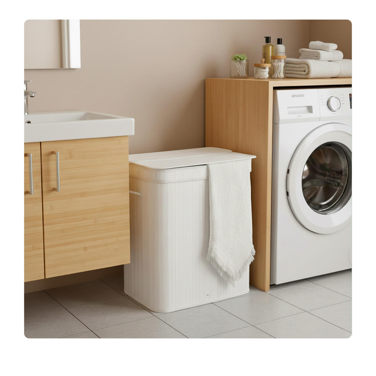 KÔŠ na prádlo - biela, drevo/textil (32/52/63cm) - Relaxdays