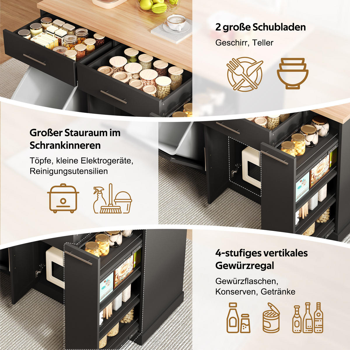 KÜCHENINSEL 120/45(70)/93 cm Schwarz mit Müllschrank, 4-stufigem Gewürzregal und 2 Schubladen - Schwarz, Holz/Holzwerkstoff (70/93.5/120cm) - Oxeza