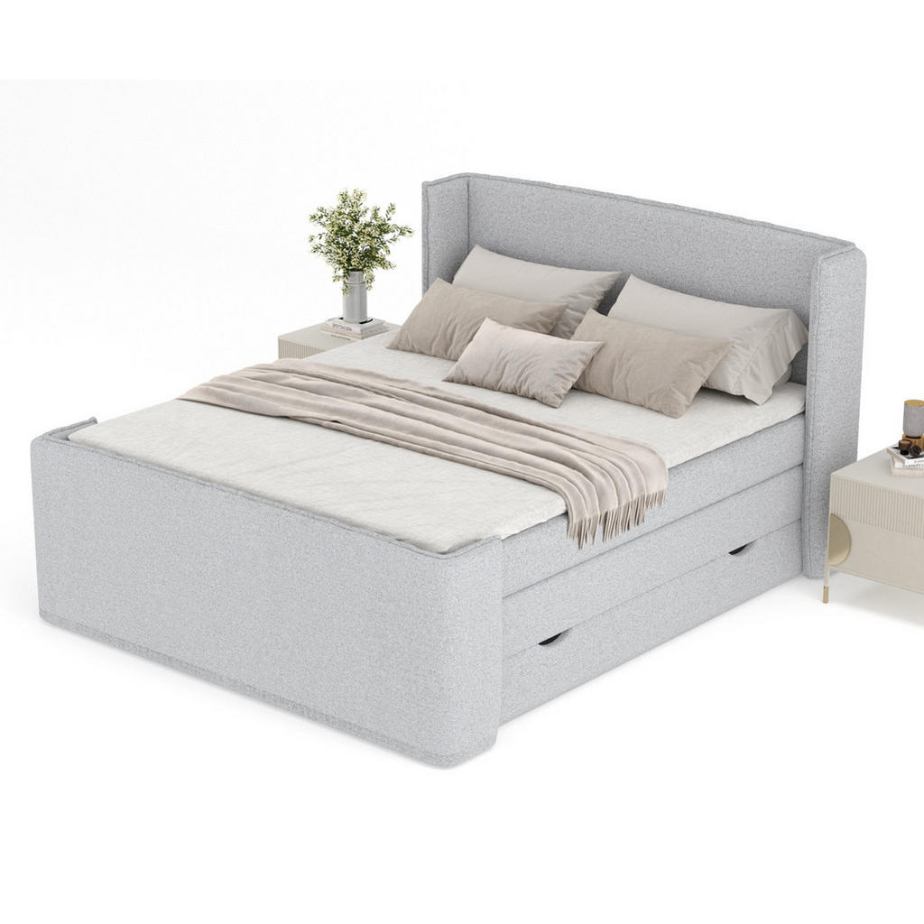 Thumbnail - Maison de Reve Boxspringbett, Hellgrau, Textil, Buche, Kiefer, H3, Höhe ca. 37 cm, 140x200 cm, FSC 100%, Made in EU, Oek...