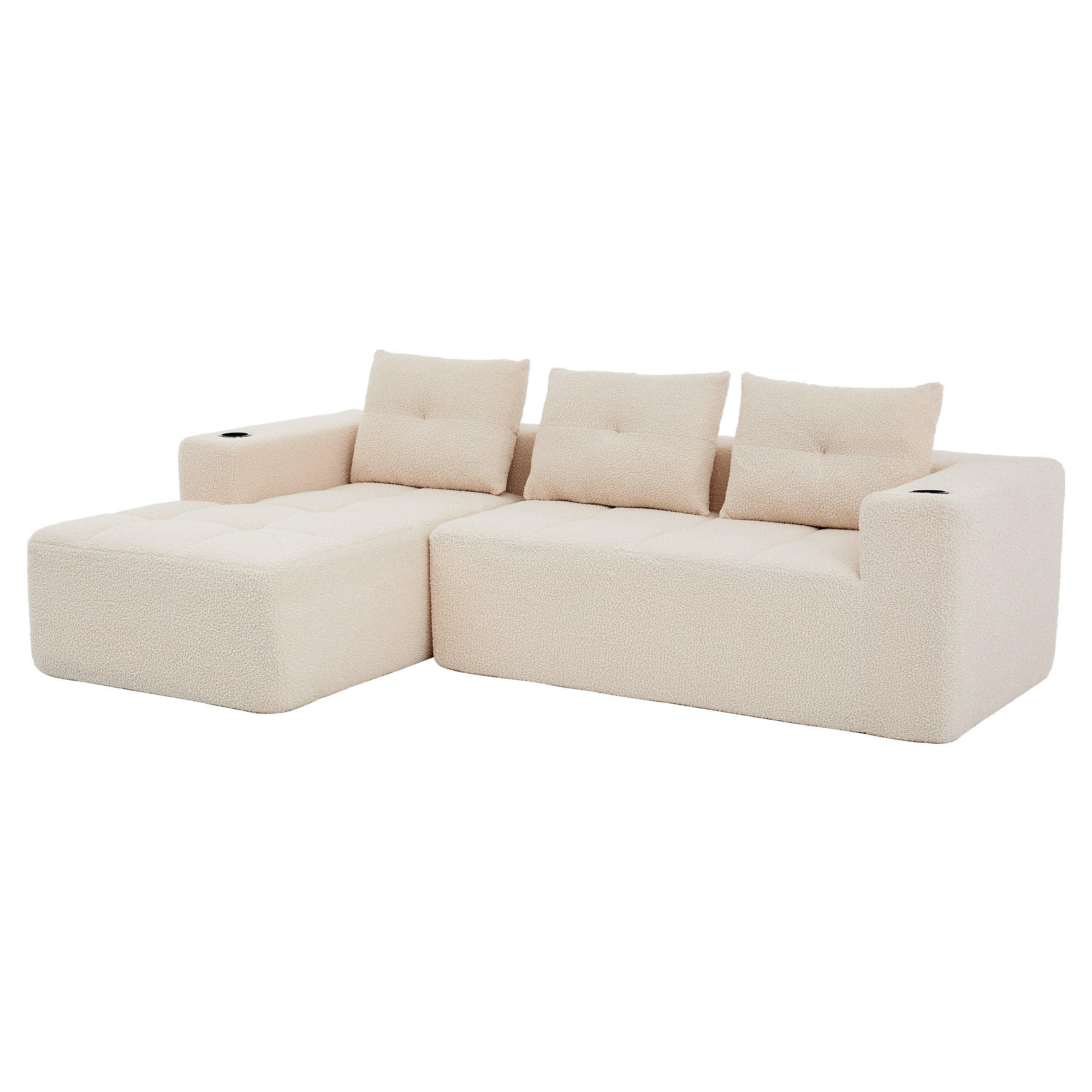 ECKSOFA chenille L-form mit getränkehaltern & 3 kissen - Beige, Textil (258/163cm) - Urban Meuble