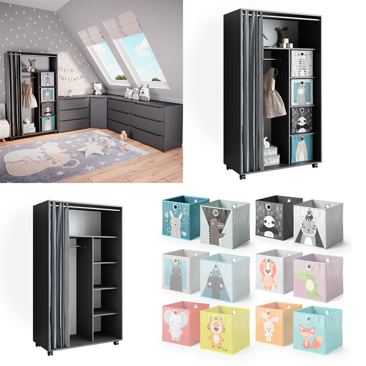 KLEIDERSCHRANK Doros Grau 100 x 168 cm offen, mit Rollen - Grau, Holzwerkstoff (100/168/50cm) - Vicco