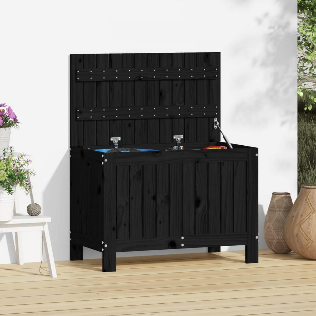 GARTENTRUHE Schwarz 76x42,5x54 cm Massivholz Kiefer - Schwarz, Holz (76/54/42.5cm) - furnicato