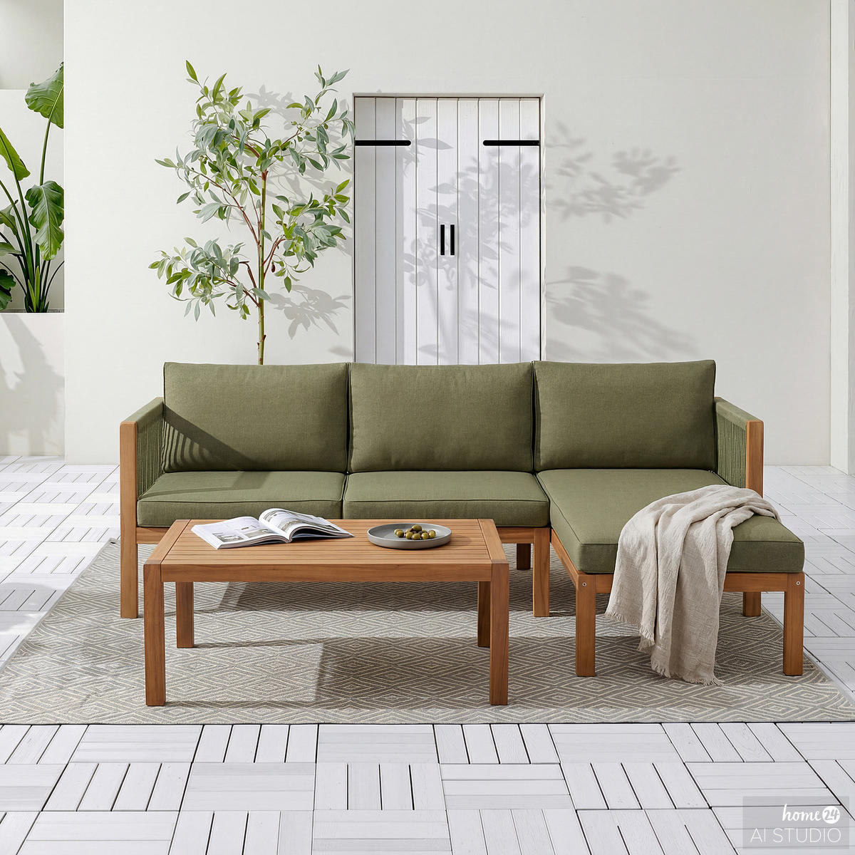 LOUNGESET - 3-teilig - Akazie massiv / Polyester - Olivgrün, Holz/Textil - home24