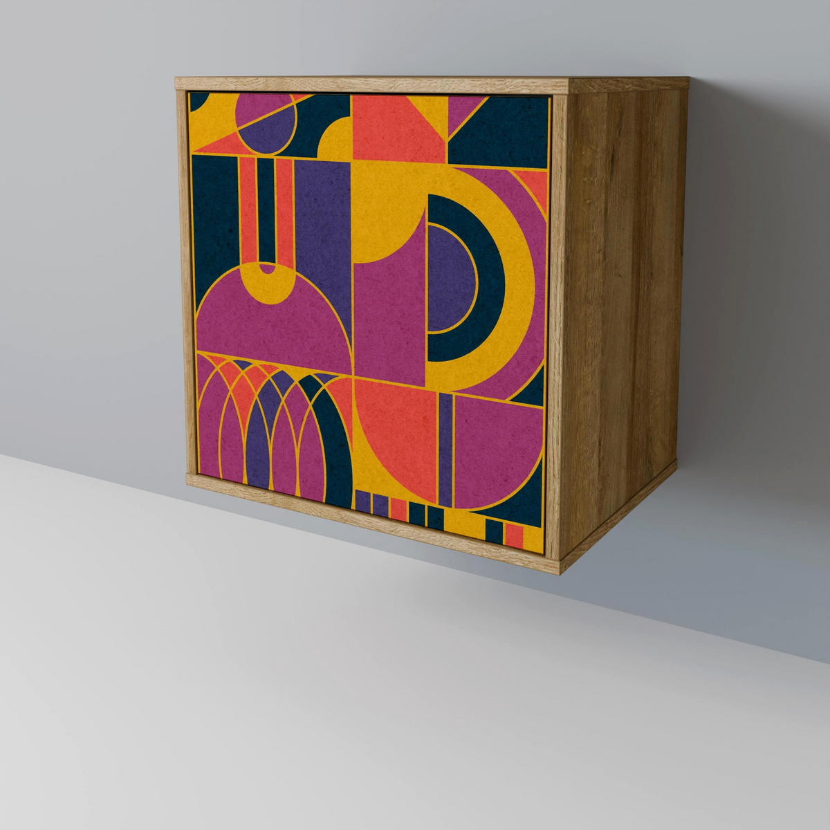 SIDEBOARD ELECTRIC PATTERNS, Eichefarben, 57,5x42x70,5 cm, Schwarze Metall-Sternfüße - Eichefarben/Multicolor, Holzwerkstoff/Metall (57.5/70.5/42cm) - SpaceRebels