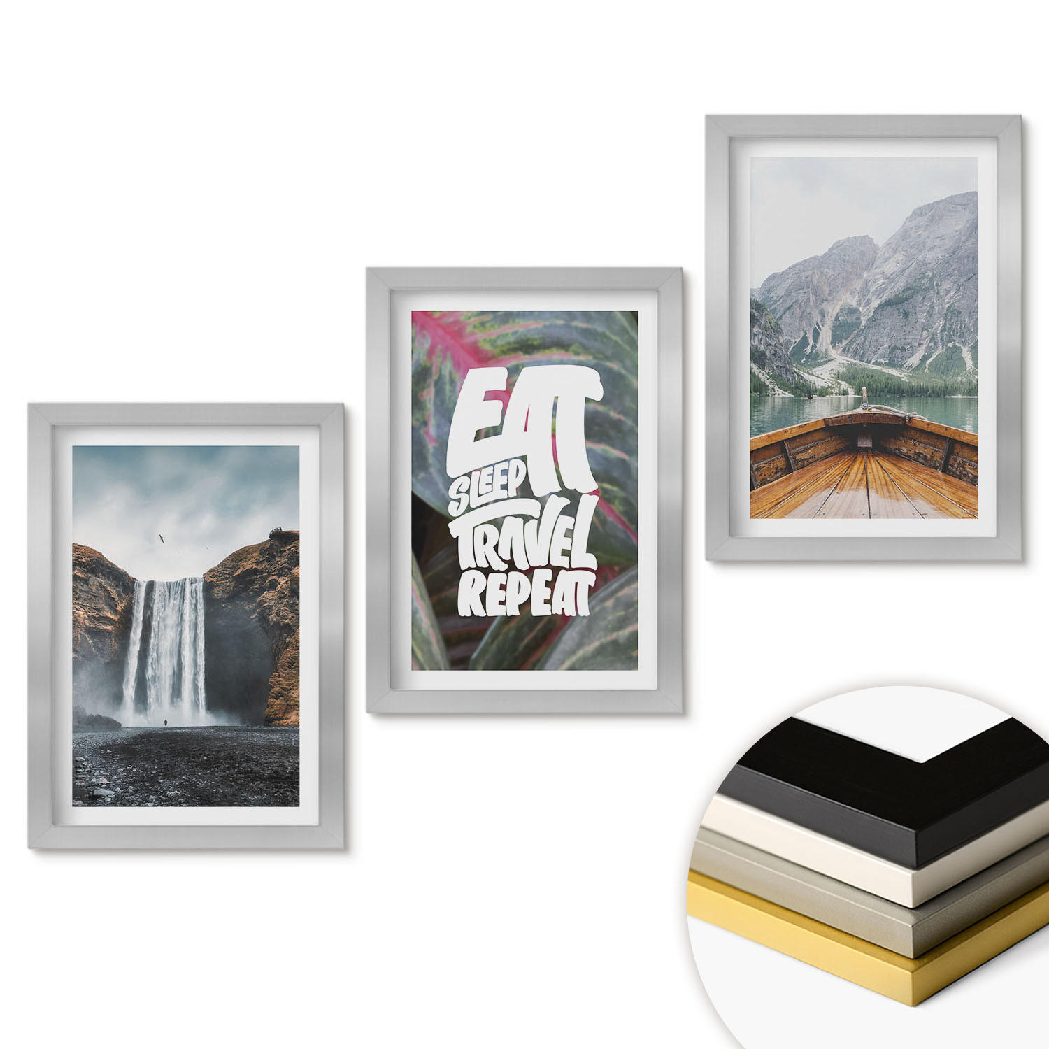 WANDBILDER 3er Set - 20x30 cm Silberner Rahmen - Wasserfall Berge Natur Boot - Silberfarben, Kunststoff (20/30cm) - ArtPrintCave