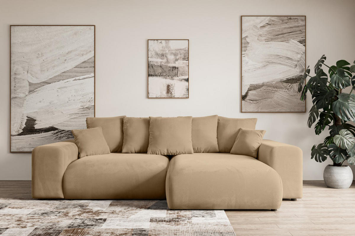 ECKSOFA Ottomane rechts ESKAR-L 266x176x84 Beige Velours - Beige/Schwarz, Holzwerkstoff/Kunststoff (176/266cm) - ALTDECOR