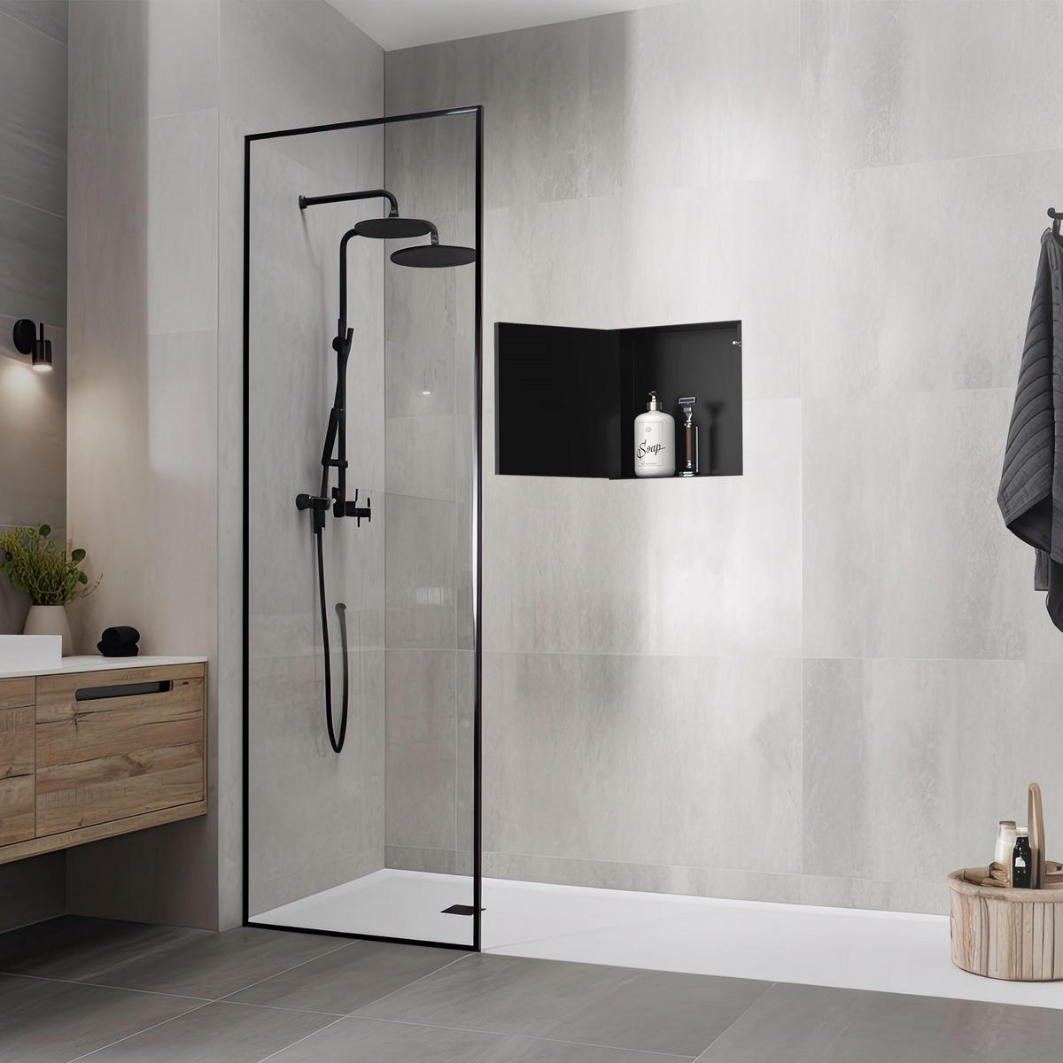 SPRCHOVÁ NIKA z nerezové oceli s obkladovými dvířky, černá, 25,5/25,5 cm - černá, kov (30/10/30cm) - LuxeBath