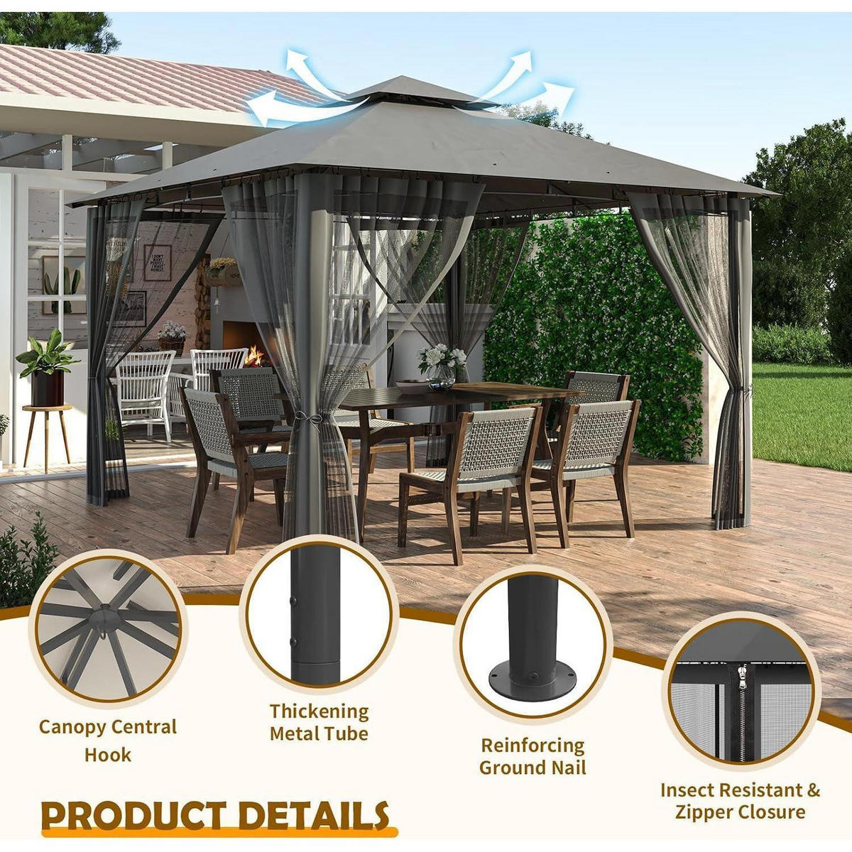 GARTENPAVILLON 2.8 x 2.8M Grau Wasserdicht mit Moskitonetz - Grau, Metall (275/275/275cm)