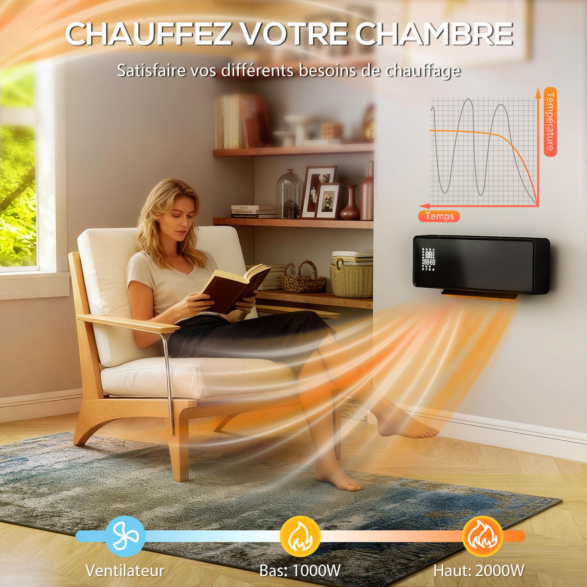 WANDHEIZLÜFTER DE-17062 Keramik PTC 1000/2000 W mit Timer Schwarz - Schwarz, Kunststoff (18.7/12.3/54cm) - ComfortXL