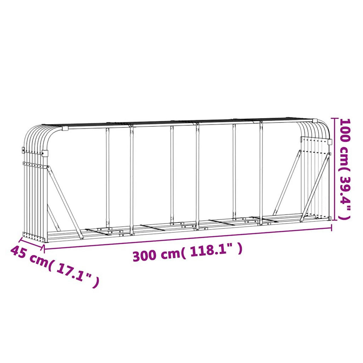 KAMINHOLZUNTERSTAND Anthrazit 300/45/100 Cm Verzinkter Stahl - Anthrazit, Metall (300/100/45cm) - vidaXL