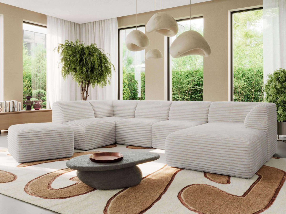 WOHNLANDSCHAFT MODARO U 6M - Beige Cord - Rechts - Beige/Schwarz, Textil (345/78/180cm) - MKS
