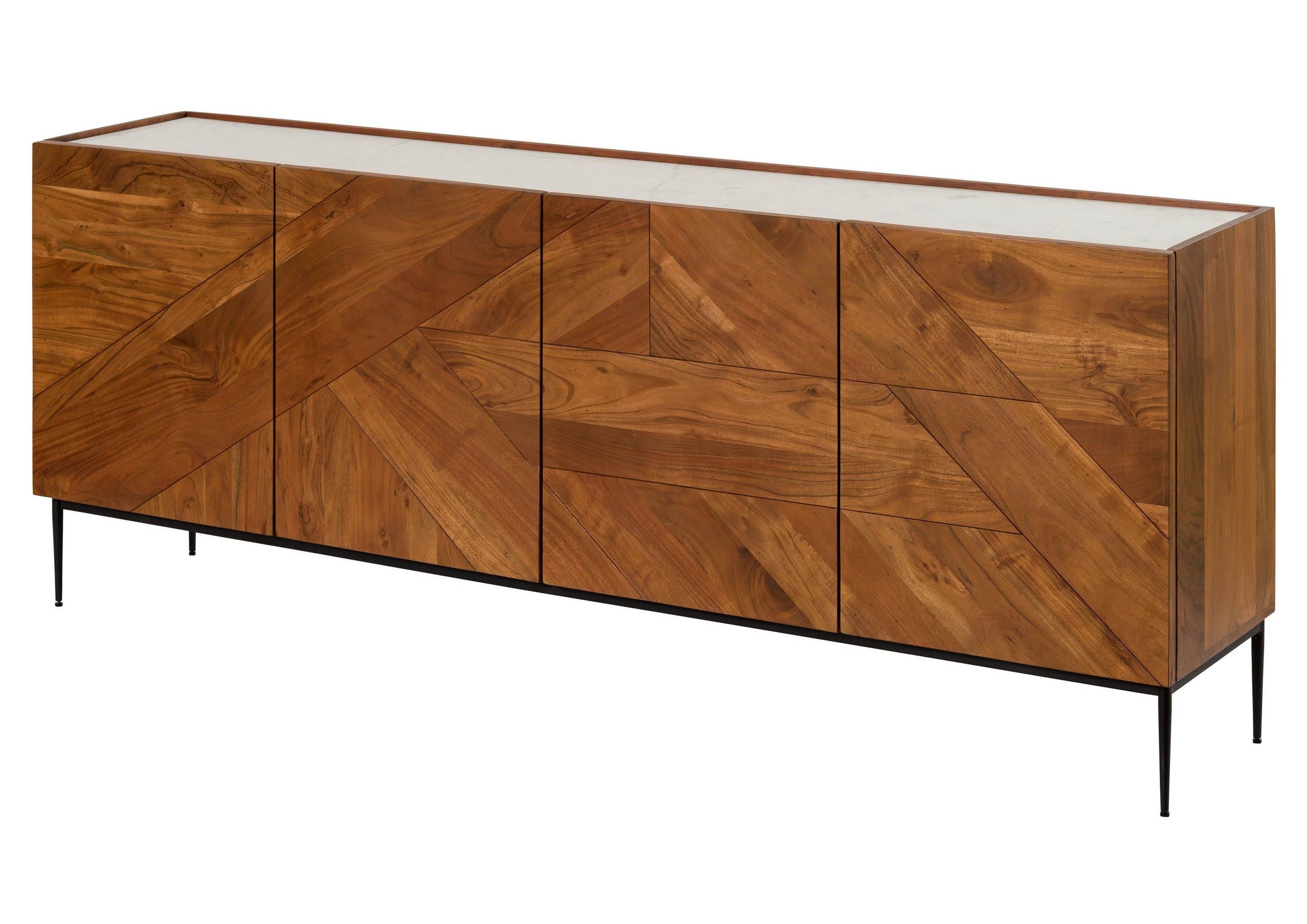 SIDEBOARD Akazie 200x40x76 natur lackiert / Marmor weiß KARLSTAD #16 - Braun, Holz (200/76/40cm) - Massivmoebel24
