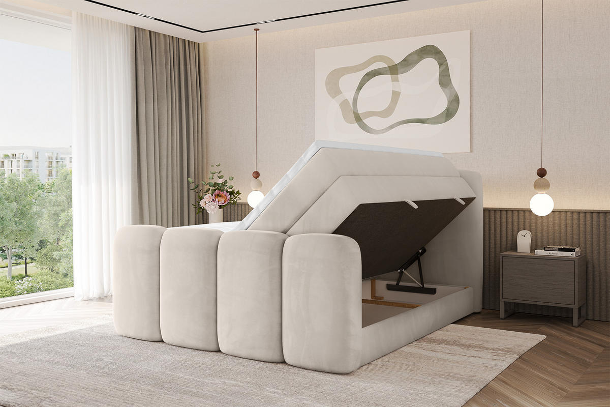 BOXBETT mit Matratze H3|H4 - NINA-Z KING - 160x200 cm - Beige - Champagner, Holzwerkstoff (160/200cm) - ALTDECOR