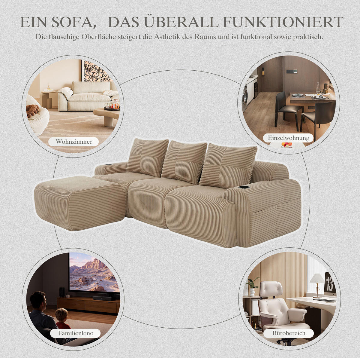 MODULARES 3-Sitzer Sofa Cordstoff mit Hocker Getränkehalter und Seitentasche 268/174/80 cm Sandfarben - Sandfarben, Textil (174/268cm) - Redom