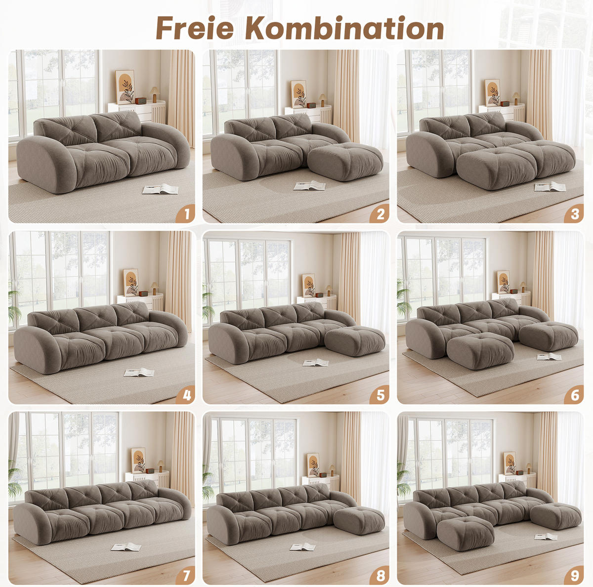 3-SITZER mit Chenille-Bezug in Taupe 281x171x76 cm, rahmenlos und flexibel stellbar - Taupe, Textil (171/76/281cm) - IVMEU