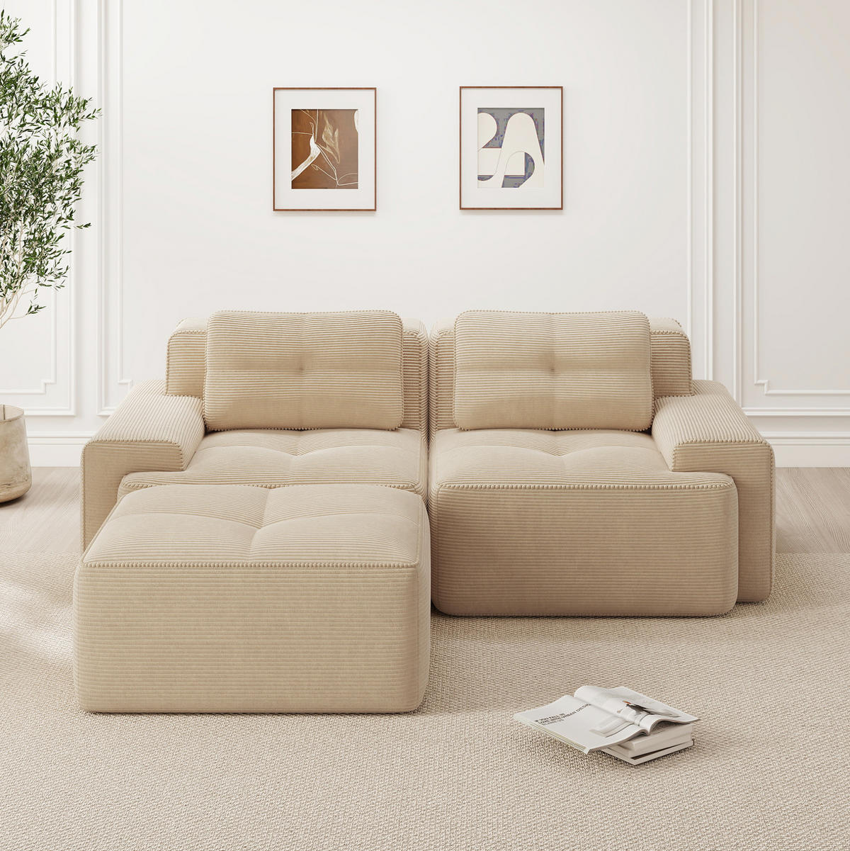 ECKSOFA aus Cord in Beige mit Tiefsitz & boneless Design - Beige, Textil (177/204cm) - Modfu