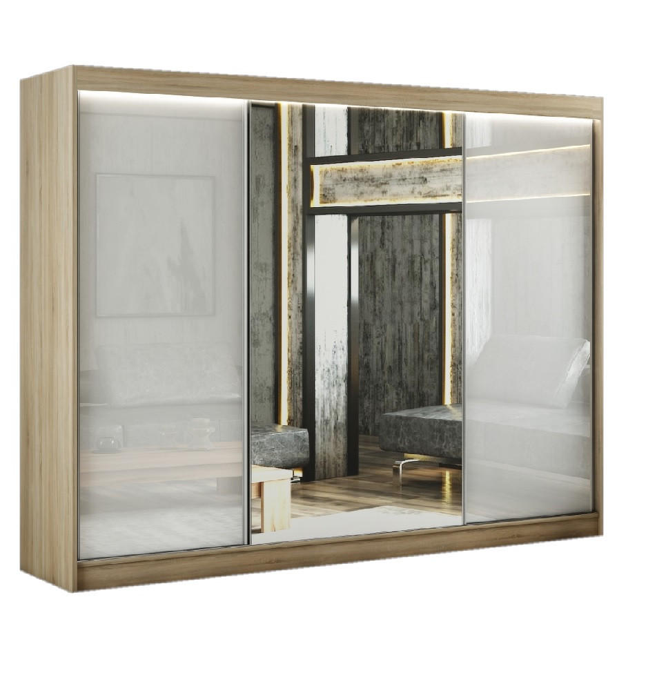 SCHWEBETÜRENSCHRANK Venus 250 cm mit Spiegel 3-türig, Eiche sonoma, lacobel weiß - Weiß/Sonoma Eiche, Kunststoff (250/215/61cm) - Margaret Hadas24