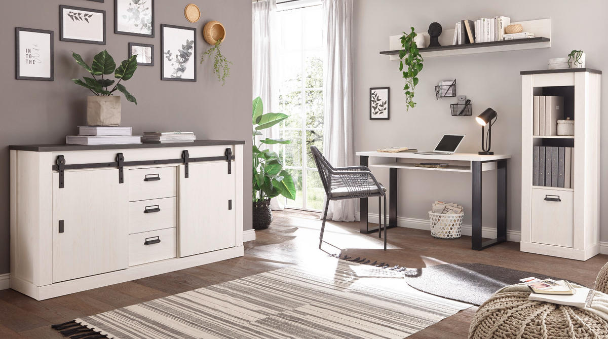 AKTENSCHRANK weiß Pinie, anthrazit Landhaus, Sideboard 162 cm mit Soft-Close - Anthrazit/Weiß, Holzwerkstoff/Metall (162/91/43cm) - Furn.Design