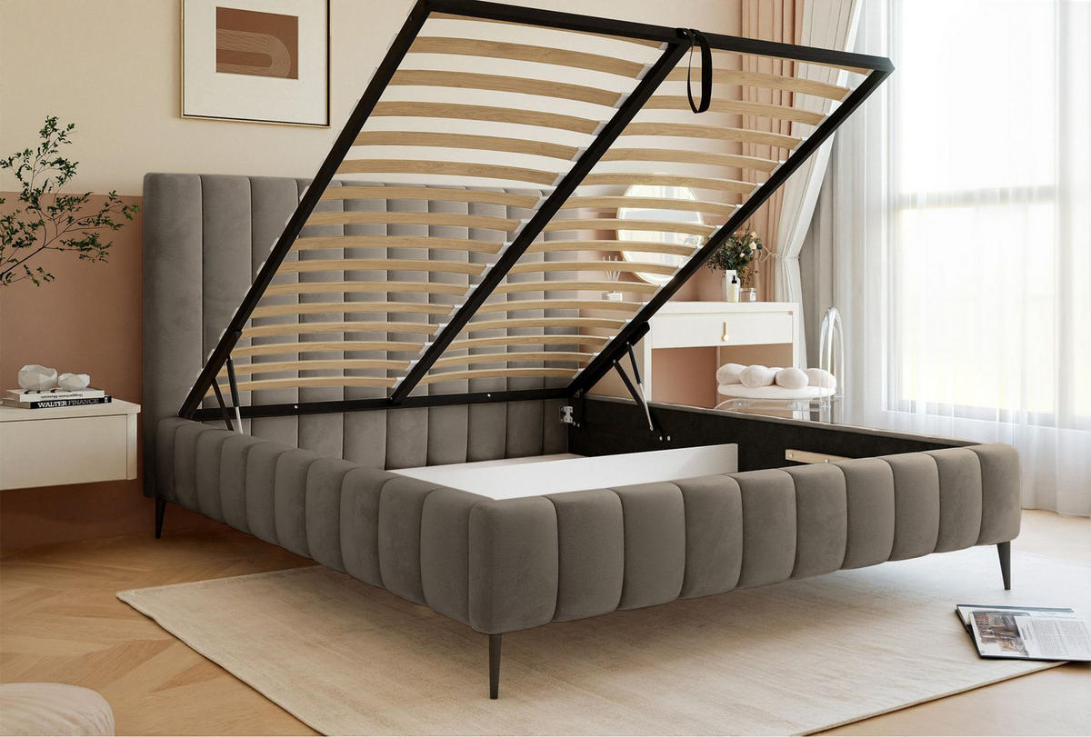 POLSTERBETT Fiarro mit Metallfüßen, Graubeige, Velours, 160x200 cm - Taupe, Textil/Metall (160/200cm) - Selsey