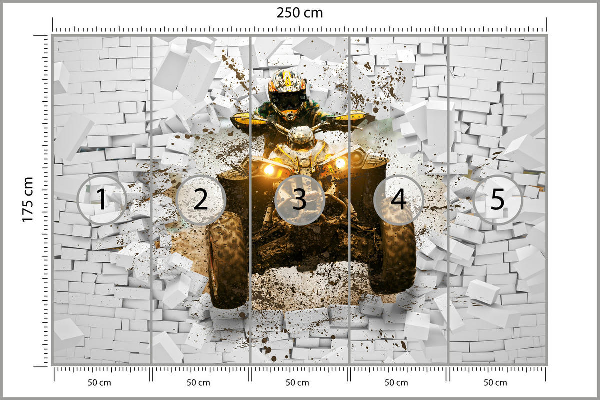 FOTOTAPETE für Büro Schlammbedecktes Quad Durchbricht Backsteinmauer 250x175 - Gelb/Beige, Papier (250/175cm) - Muralo