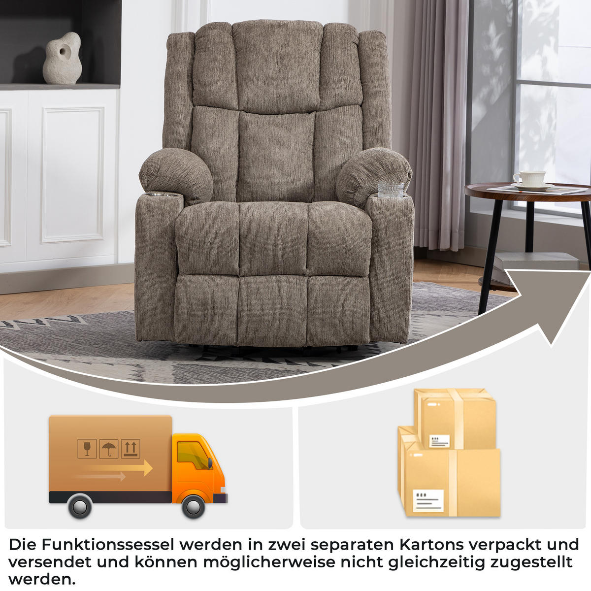 RELAXSESSEL Samt mit Aufstehhilfe, Massage, Wärmefunktion 91/84/106 cm Hellbraun - Hellbraun, Textil (84/106/91cm) - Redom