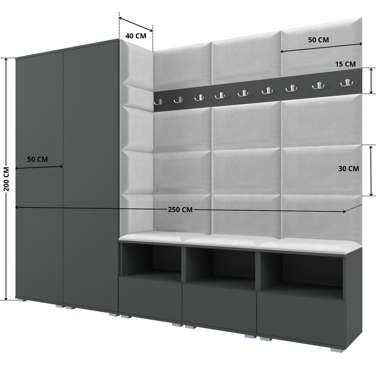 GARDEROBE NELA VII 250 cm (Modulare Flurmöbel XL Graphit mit Sitzpolster Hellgrau 32 2 Schränke) - Silberfarben/Hellgrau, Holz/Holzwerkstoff (250/187/40cm) - Ravio