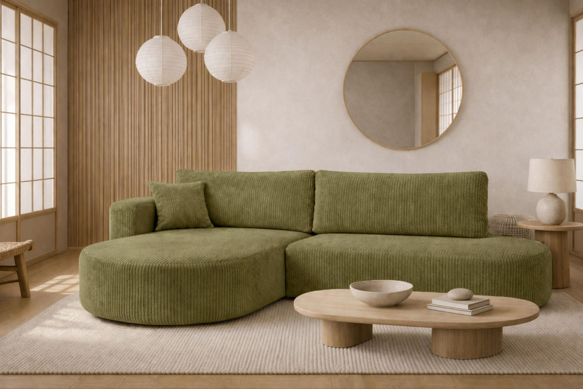 ECKSOFA Mit Schlaffunktion Und Bettkasten, Cordstoff Poso, Olive, Links, ROUND ONE OPEN XL - Olivgrün, Holz (262/175cm) - Kaiser Möbel