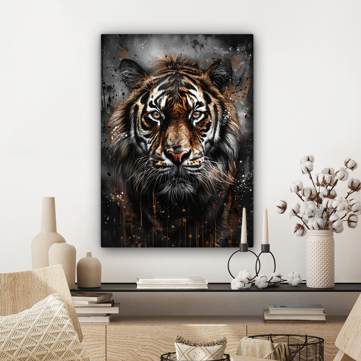 LEINWANDBILD Tiger - Tiere - Porträt - Luxus - Schwarz Wandbild Wohnzimmer 60x80 cm - Anthrazit, Textil (60/80cm) - MuchoWow