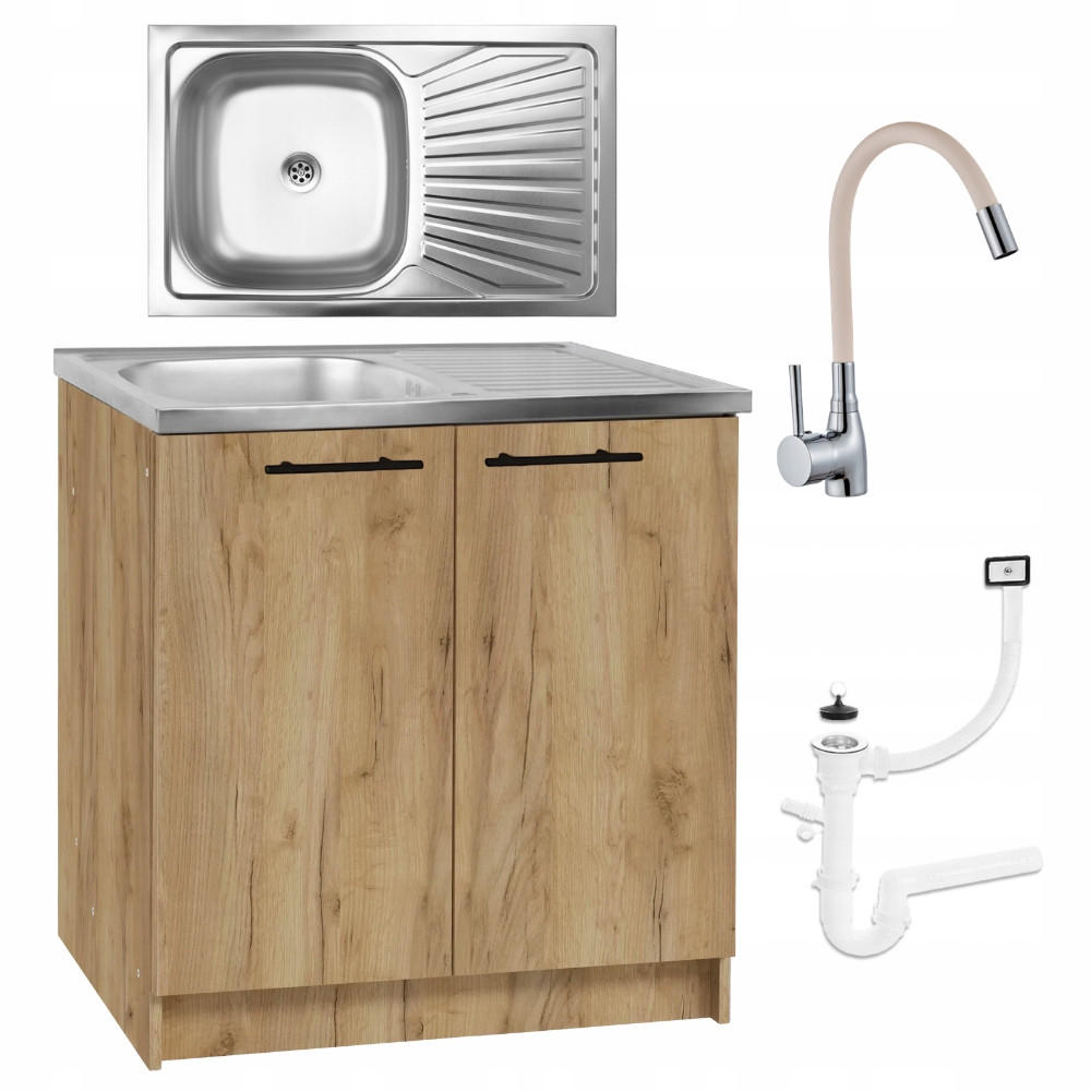 SPÜLUNTERSCHRANK 80cm mit Spüle + Armatur + Siphon Eichenfarbe - Eichefarben, Holzwerkstoff (80/82/50cm) - Stamar