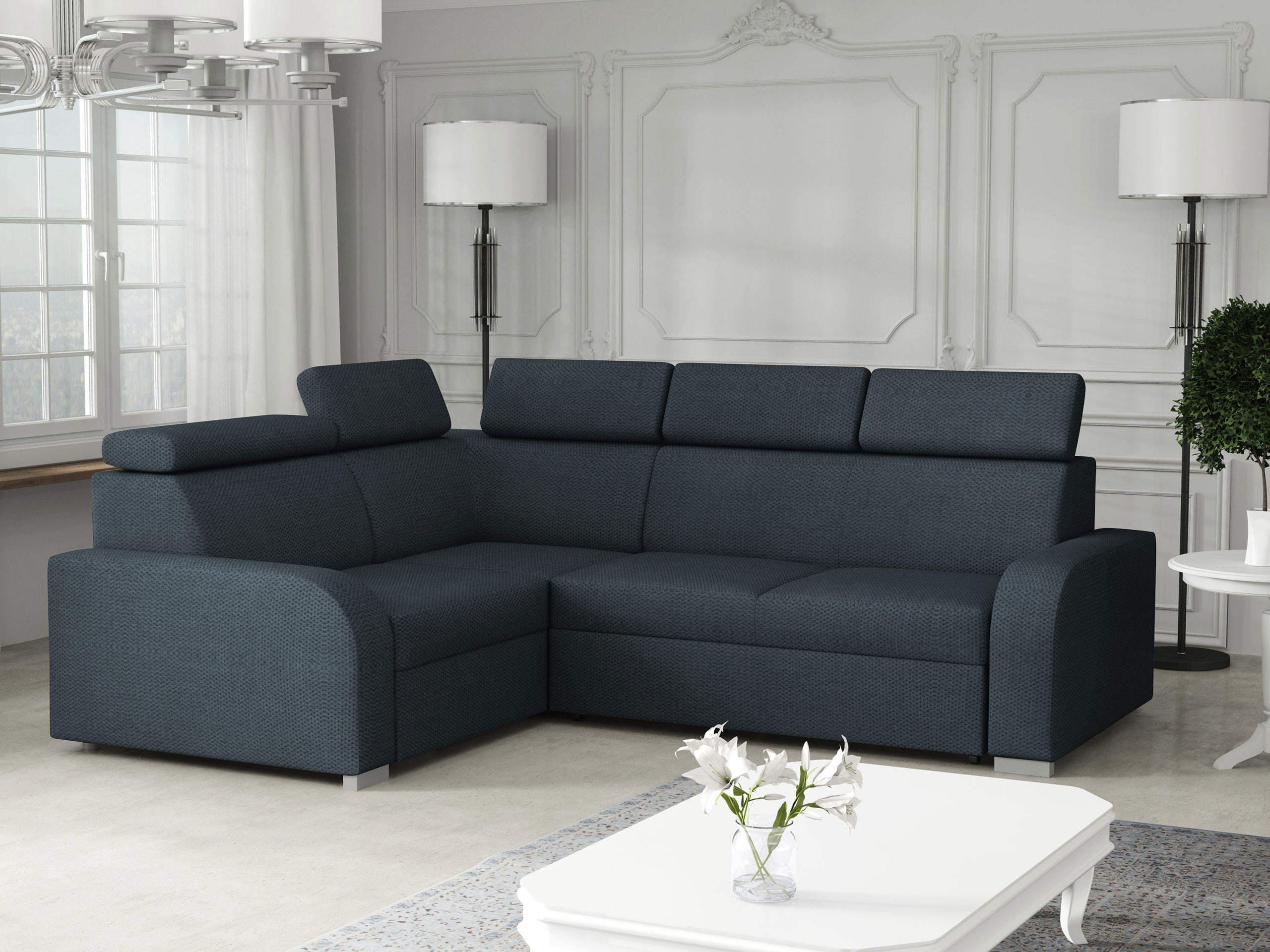 ECKSOFA Oslo 2rR1 80 - Silberfarben/Dunkelblau, Holz/Kunststoff (250/200cm) - MIRJAN24