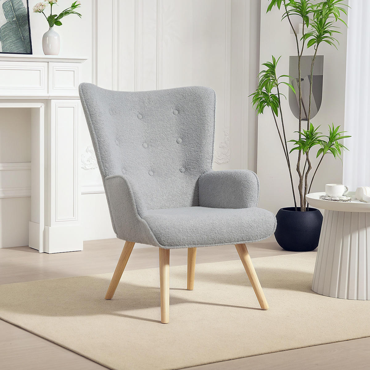SESSEL DE-13280 Bouclé-Stoff & Knopfheftung Hellgrau - Grau, Holz (71/96/74cm) - ComfortXL