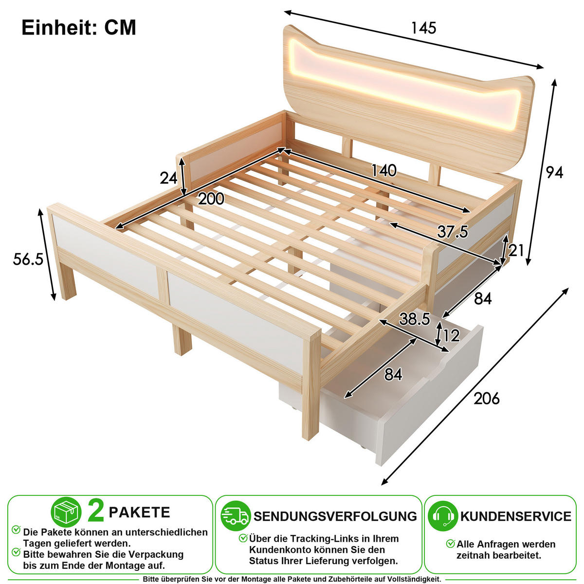 KINDERBETT 140/200 cm in Weiß & Eiche mit LED, Schublade und Staufach - Weiß, Holz/Holzwerkstoff (140/200cm) - CHICFURN