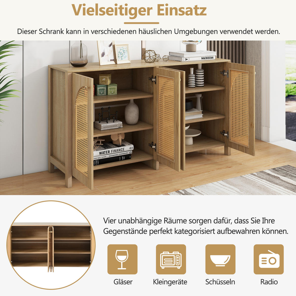SIDEBOARD 145 cm in Natur Rattan-Optik & 4 Türen im Boho-Stil - Naturfarben, Holzwerkstoff (145/40/80cm) - Urban Meuble