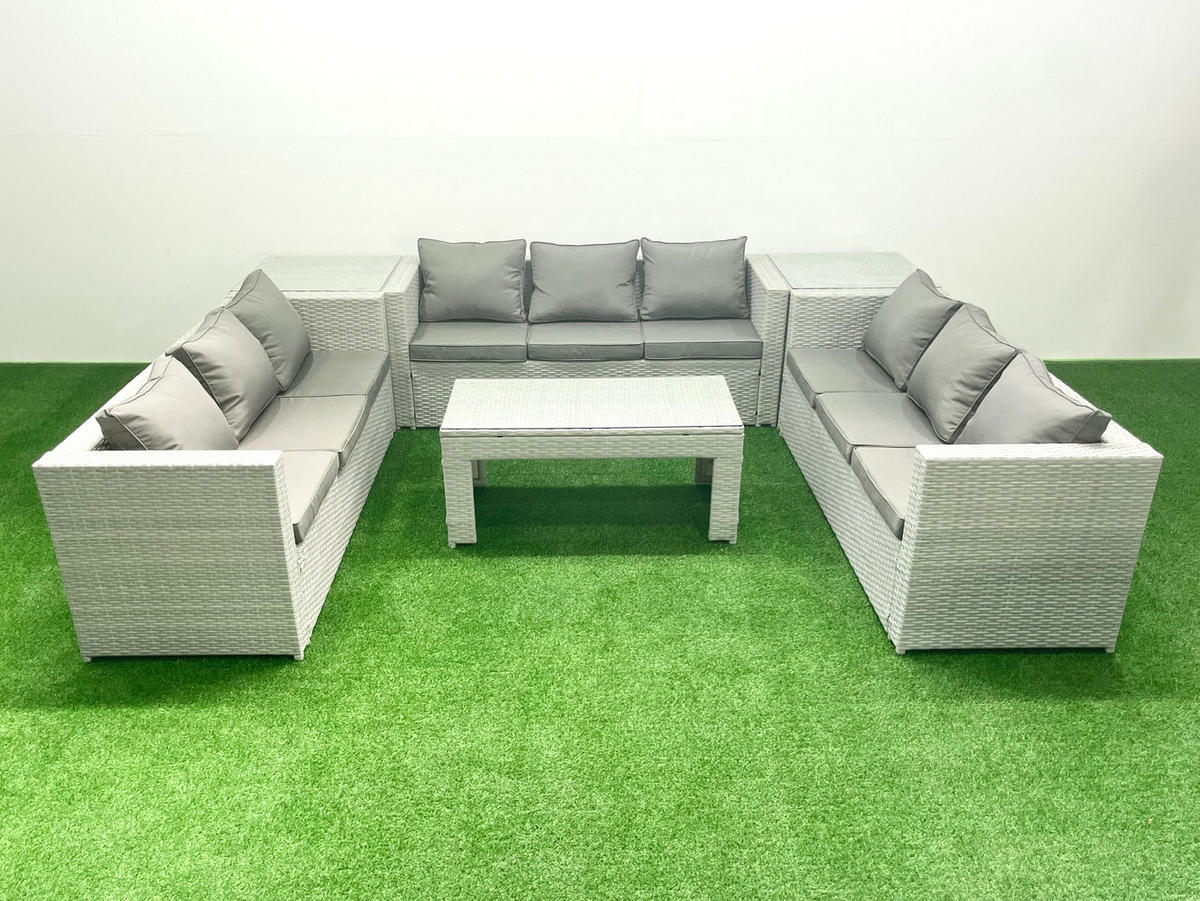 BALKONMÖBEL-SET Polyrattan Hellgrau-Mix 9-teilig - Hellgrau/Grau, Glas/Kunststoff - Fimous